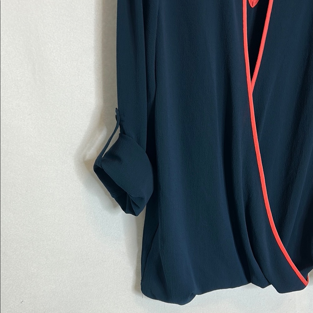 Navy Blue Long Sleeve Top with Salmon Colored Trim - Picture 6 of 7